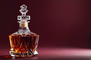 Elegant Luxury Crystal Decanter Filled with Fine Whiskey on Burgundy Background - Perfect for Bar Decor or Product Advertisement