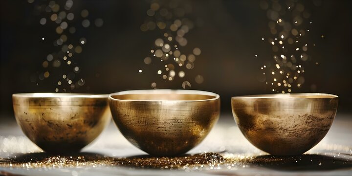 The Magical Emission of Sparkling Star Dust from Tibetan Singing Bowls. Concept Spiritual Healing, Sound Therapy, Meditation Practice, Ancient Rituals, Harmonic Resonance