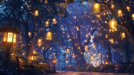 Fototapeta premium Artistic depiction of an anime park backdrop with towering trees, whimsical benches, and softly glowing lanterns casting a magical atmosphere