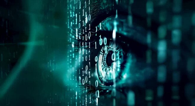 A close up of an digital eye and digital binary code