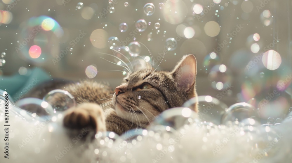 Poster a cat fascinated by a bubble bath, pawing at the bubbles floating on the water