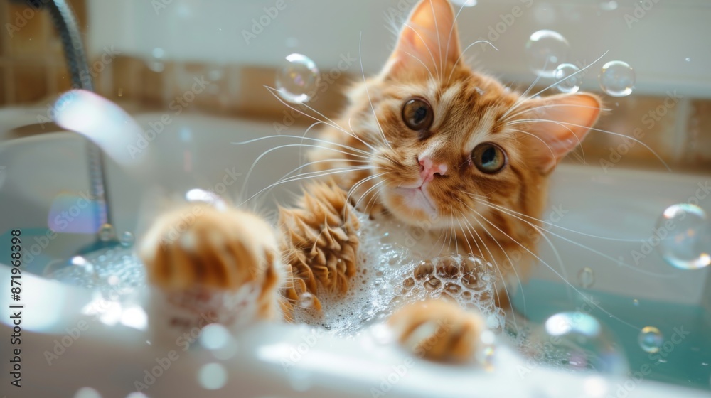Poster a cat fascinated by a bubble bath, pawing at the bubbles floating on the water