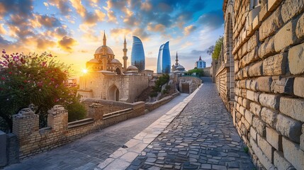 Baku city, Azerbaijan, view of the historical mosques and the walls of Shirvanshahs palace in the Old town and modern glass Flower Towers skyscrapers in dramatic sunset light