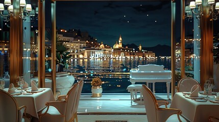Fototapeta premium A luxurious and elegant restaurant has a beige dining table and several chairs, as well as a white piano. Outside the glass door is the night view of the town. Generative AI.