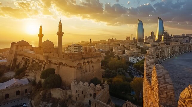 Baku city, Azerbaijan, view of the historical mosques and the walls of Shirvanshahs palace in the Old town and modern glass Flower Towers skyscrapers in dramatic sunset light