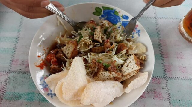 Indonesian food called "Tahu Guling". Contains sliced cabbage, slices of "bacem" tofu and tempeh, bean sprouts, ketupat, celery and fried onions as toppings. 