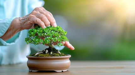 Close-up of a senior Asian woman tending to a Bonsai Tree with care (copyspace on right)