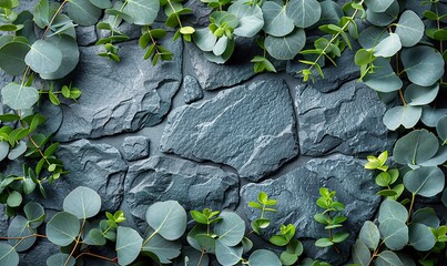 eucalyptus branches on a rough stone surface top view wediing invitation card mockup.illustration