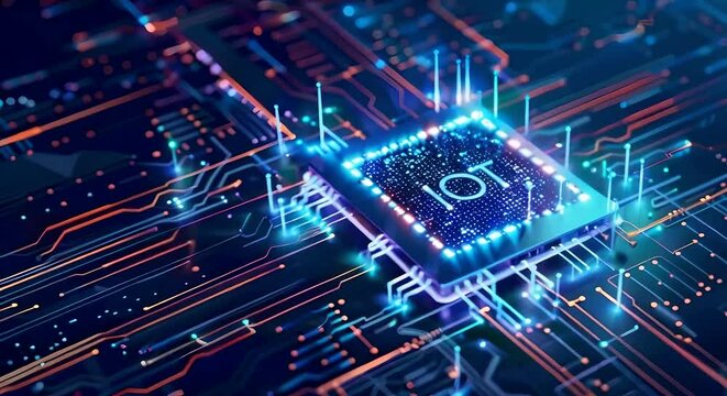A futuristic digital illustration of a chip with the word IOT on it