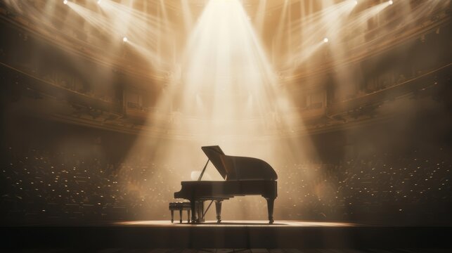 Grand piano illuminated on stage with dramatic lighting in a concert hall, showcasing elegance and musical passion.