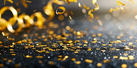 Luxurious Party Celebration with Elegant Black Background and Falling Gold Streamers. Concept Luxury Party Celebration, Elegant Black Background, Falling Gold Streamers