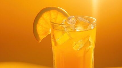Refreshing Glass of Orange Juice with Ice and Fresh Orange Slices on a Vibrant Orange Background, Perfect for Banners and Menus