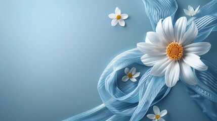 White daisies and blue ribbon on a light blue background.