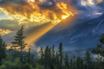 Majestic sunrise over misty mountains with golden rays illuminating lush, evergreen forest below.