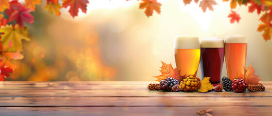 Autumn beer flight on scenic fall background in flat design