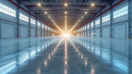 Large warehouse floor in bright white light. Generative AI.