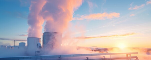 Obraz premium Industrial plant releasing steam into the sky at sunrise, showcasing environmental impact and industrial activity.