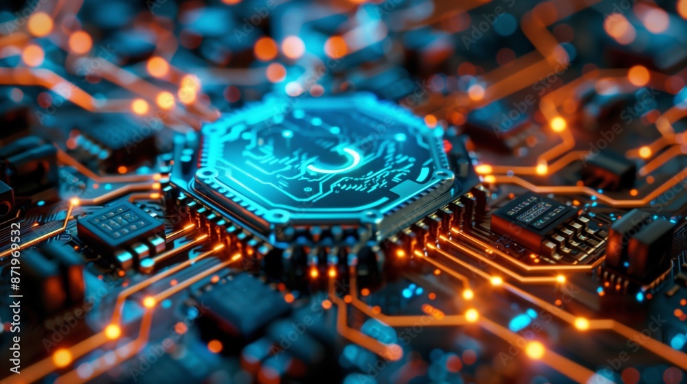 Poster a close-up image of a circuit board, focusing on a glowing blue chip surrounded by orange wiring. th