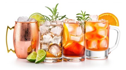 A variety of colorful cocktails in different glasses, garnished with citrus and herbs.