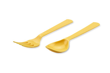 Yellow plastic spoon and fork isolated on white background with clipping path.