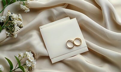 wedding invitation card mockup wedding envelopes rings on beige cloth flat lay top view.stock photo