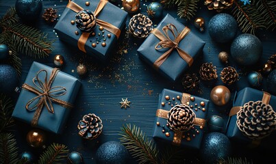 stylish christmas card, luxury glistering blue paper gift boxes gold, blue xmas balls ornaments fir branches confetti on dark blue background flat lay top view.illustration