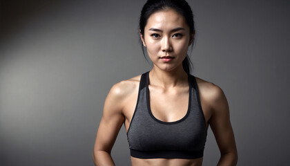 Fototapeta premium Young athletic asian woman posing in sports bra after exercising