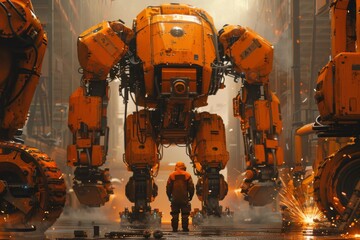 A lone figure stands in awe before a towering mechanical titan.