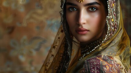 Beautiful woman in traditional clothing looking at camera with elegance. 