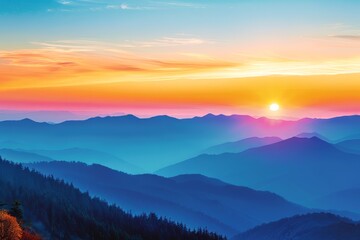 Obraz premium Breathtaking sunrise over layered mountain ranges with vibrant, colorful sky.