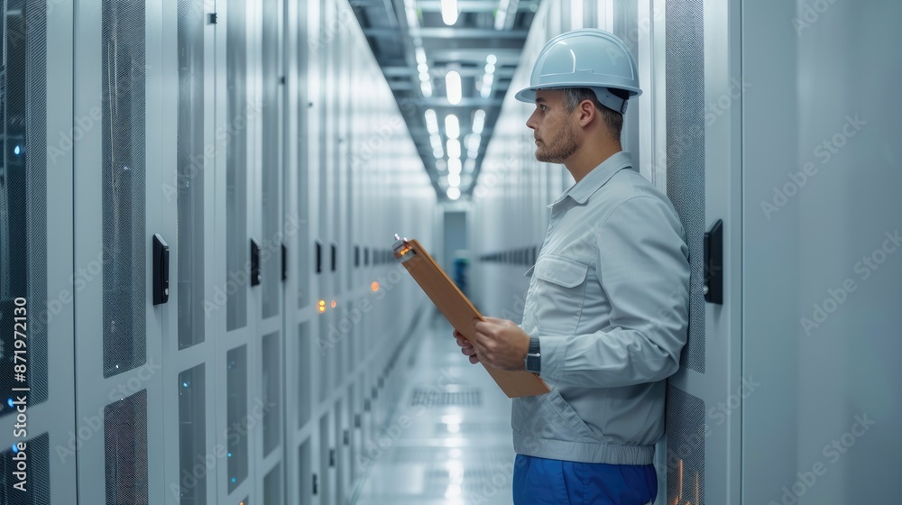 Aufkleber An engineer in a white data center, a computer data center, holds a clipboard. Generative AI.