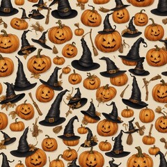 Halloween Pattern with Pumpkins, Broomsticks and Witch Hats