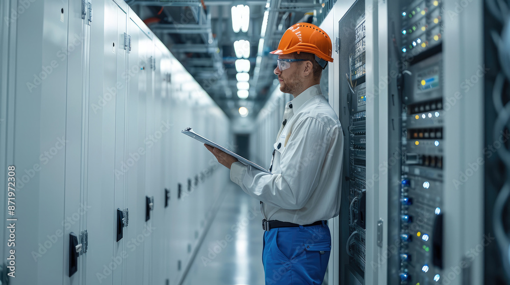 Leinwandbilder An engineer in a white data center, a computer data center, holds a clipboard. Generative AI.