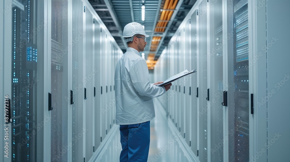 Aufkleber An engineer in a white data center, a computer data center, holds a clipboard. Generative AI.