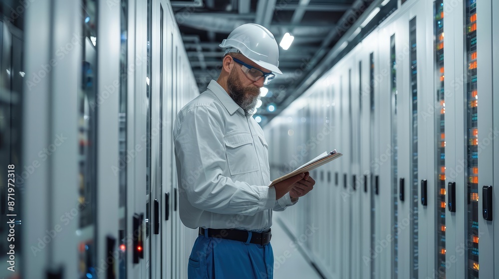 Leinwandbilder an engineer in a white data center, a computer data center, holds a clipboard. generative ai.