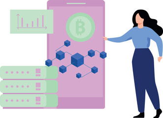 Girl looking at bitcoin blockchain.