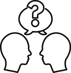 Two business people are having a discussion under a speech bubble containing a question mark