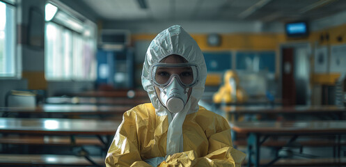 A child wearing a hazmat suit in a classroom. Generative AI.