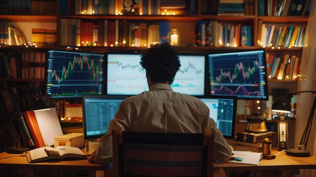 A man sits at a desk in his home office, analyzing stock market data on multiple computer monitors. - Powered by Adobe