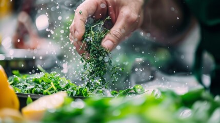 Fototapeta premium A close-up of a hand sprinkling fresh herbs over a finished dish