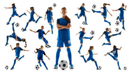 Dynamic image of teen girl, football player in blue uniform training, in motion with ball isolated on white background. Set, collage. Concept of sport, active and healthy lifestyle, childhood, school © master1305