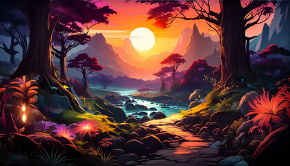Obraz premium Bright sunset illuminates the dark forest creating a magical landscape generated by artificial intelligence