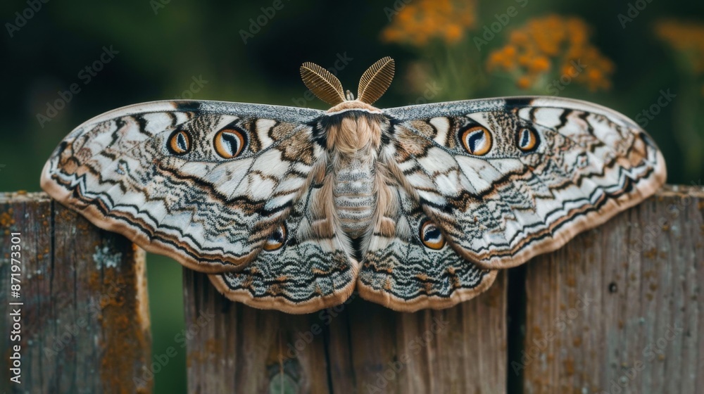 Aufkleber A close-up of a moth resting on a wooden fence, wings spread wide to display intricate patterns