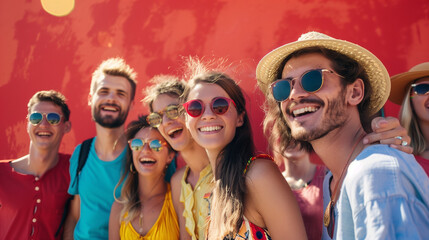 portrait of group of unknown young people stand in front of red wall