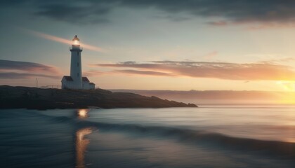 Serene coastal sunset with a lighthouse casting a warm light over calm waters and dramatic clouds in the background.