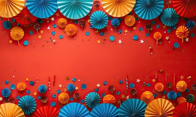 american federal holidays celebration concept flat lay composition, festive paper fans, firework rockets on red background.stock photo