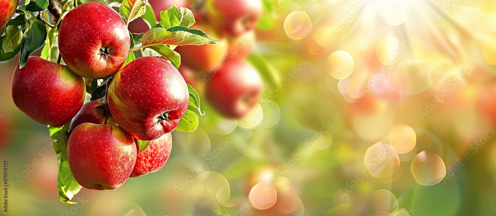 Fototapete red apples hanging from a branch of an apple tree in the garden with copy space image.