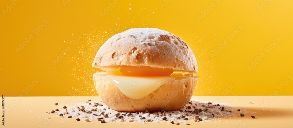 Poster Creating a cake with a dough ball and eggshell on a yellow background, providing a captivating copy space image.