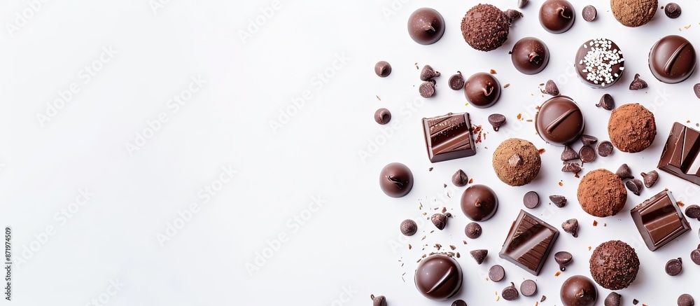 Poster delicious chocolate candy on a white backdrop with ample copy space image.