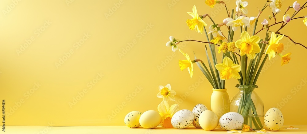 Poster easter-themed arrangement featuring bright yellow daffodils and eggs set against a yellow backdrop w